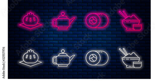 Set line Japanese tea ceremony, Sushi, Khinkali on cutting board and Rice in a bowl with chopstick. Glowing neon icon on brick wall. Vector