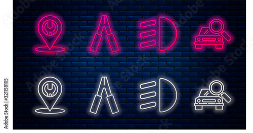 Set line Car battery jumper power cable, High beam, Car service and Car search. Glowing neon icon on brick wall. Vector