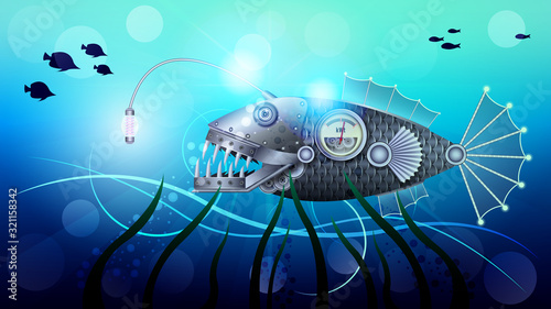 Mechanical steel metal fish under water, Steampunk.