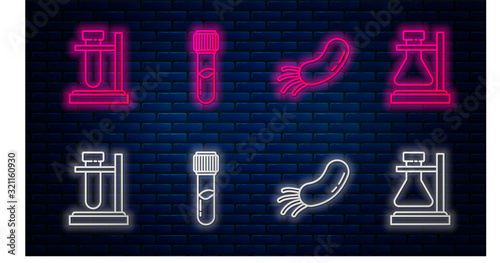 Set line Test tube and flask chemical, Bacteria, Test tube flask on stand and Test tube flask on stand. Glowing neon icon on brick wall. Vector