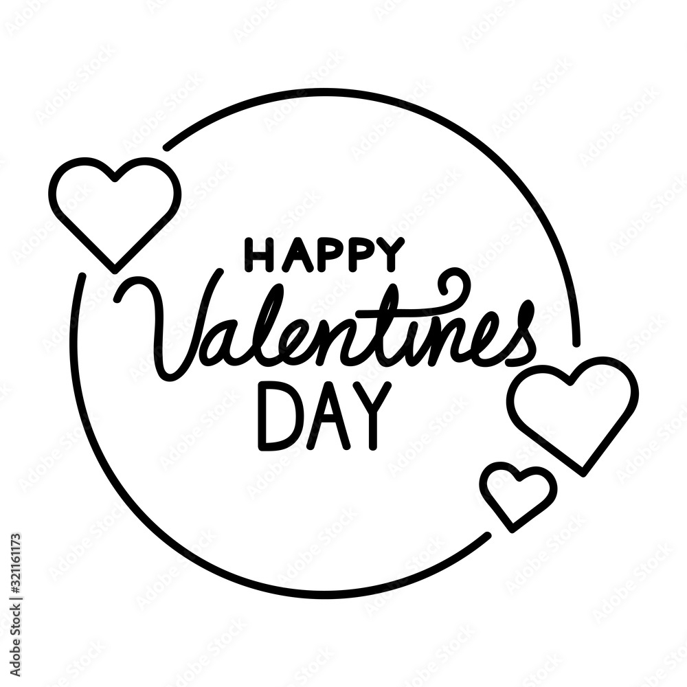 happy valentines day lettering with frame circular and hearts vector illustration design