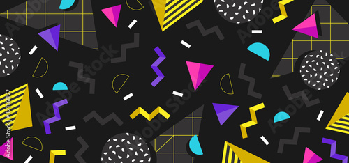 Background in the style of the 80s with multicolored geometric shapes on the black background. Illustration for hipsters Memphis style
