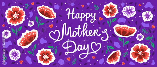 Happy Mothers day greeting card with hearts, red and purple flowers. Vector illustration in a modern style