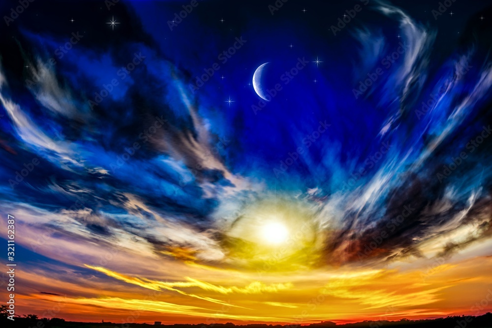 Moon in bright clouds of sunset sun . New moon . The sky at night with stars. Moon in bright clouds of sunset sun . New moon . The sky at night with stars.