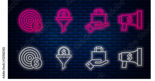 Set line Lead management, Hand and paper shopping bag, Target with dollar symbol and Megaphone and dollar. Glowing neon icon on brick wall. Vector
