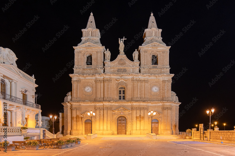 Mellieha Church in Malta lit up at night time