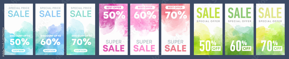 Obraz Watercolor background sale banners design template set for price discount
