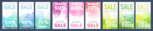 Watercolor background sale banners design template set for price discount