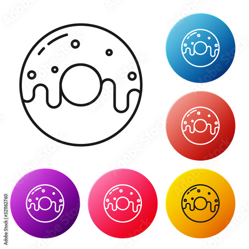 Black line Donut with sweet glaze icon isolated on white background. Set icons colorful circle buttons. Vector Illustration
