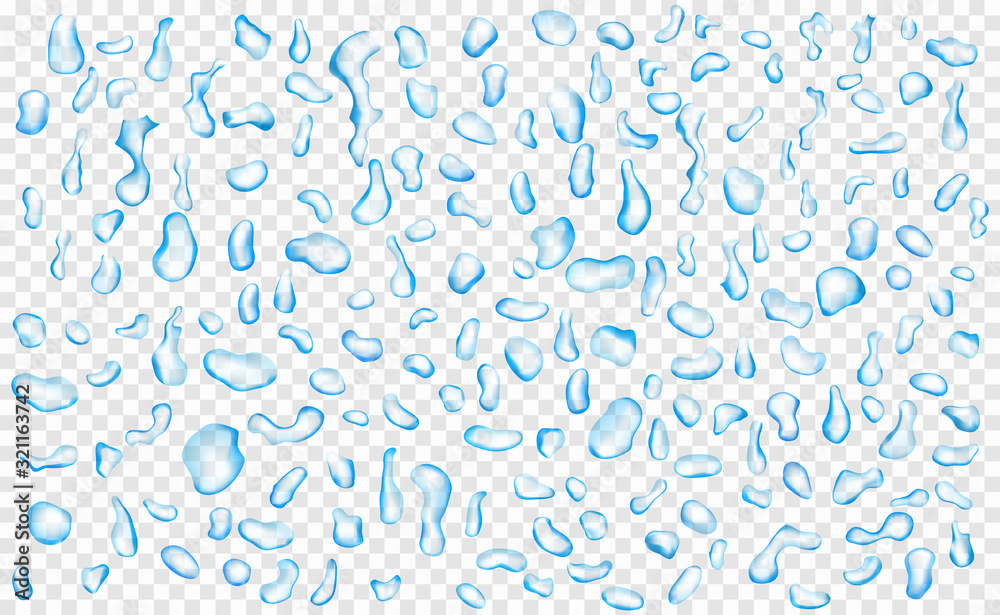 Set of translucent water drops in blue colors in various shapes, isolated on transparent background. Transparency only in vector format Set of translucent water drops in blue colors in various shapes, isolated on transparent background. Transparency only in vector format
