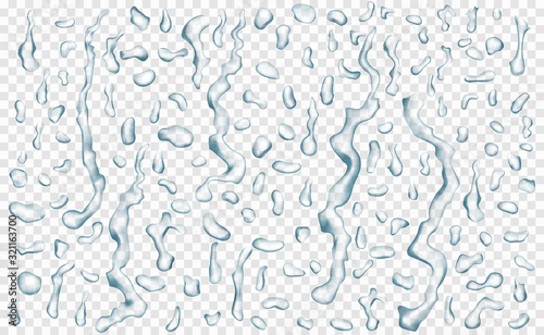 Set of translucent drops and streaks of water in gray colors in various shapes, isolated on transparent background. Transparency only in vector format