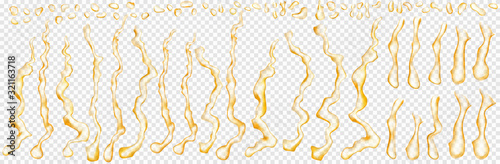 Set of translucent drops and streaks of water in yellow colors in various shapes, isolated on transparent background. Transparency only in vector format