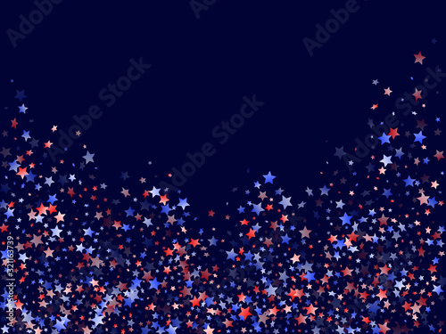 Flying red blue white star sparkles vector american patriotic background.