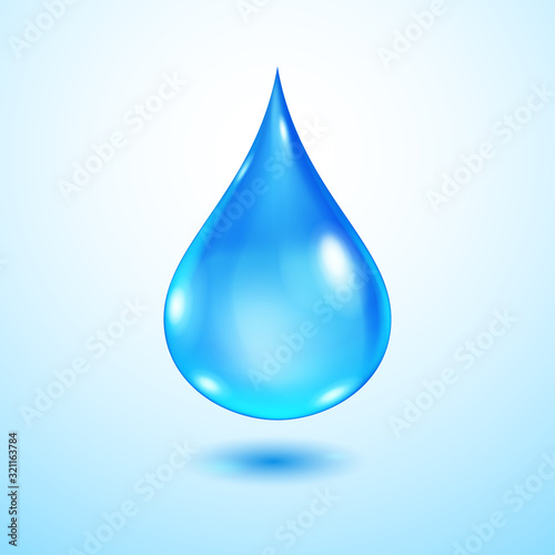 One big realistic translucent water drop in blue colors with shadow