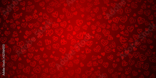 Background of big and small hearts with ornament of curls, in red colors