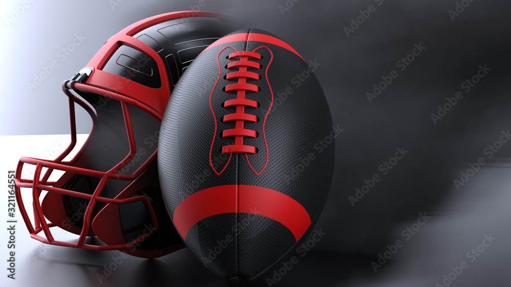 American football red-black helmet and Ball with dark black toned foggy blur smoke under black-white laser lighting. 3D illustration. 3D high quality rendering. American football red-black helmet and Ball with dark black toned foggy blur smoke under black-white laser lighting. 3D illustration. 3D high quality rendering.