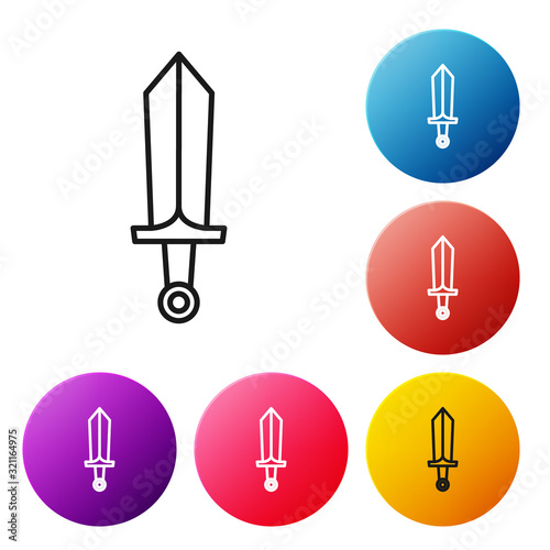 Black line Sword for game icon isolated on white background. Set icons colorful circle buttons. Vector Illustration