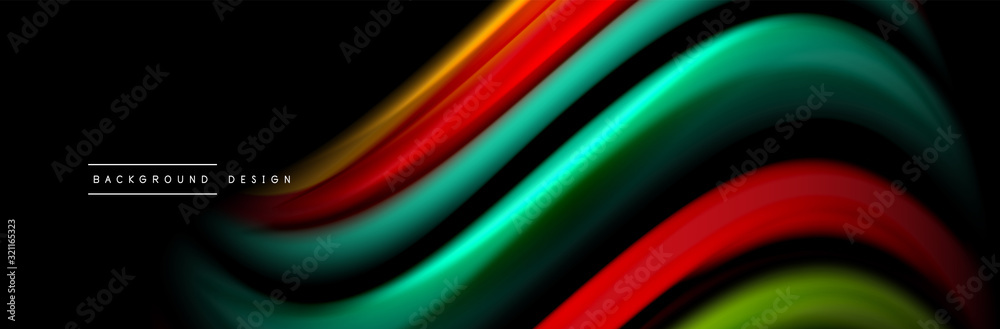 Silk and smooth flow wave poster design. Color waves, liquid style lines and shapes in black color background Silk and smooth flow wave poster design. Color waves, liquid style lines and shapes in black color background