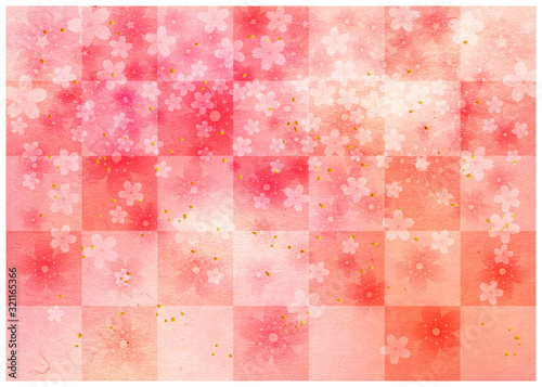 桜_ピンク和紙_格子柄背景