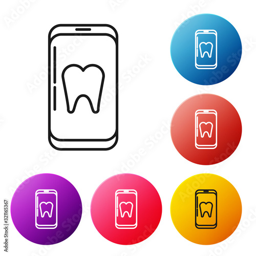 Black line Online dental care icon isolated on white background. Dental service information call center. Set icons colorful circle buttons. Vector Illustration