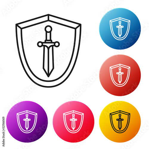 Black line Medieval shield with sword icon isolated on white background. Set icons colorful circle buttons. Vector Illustration