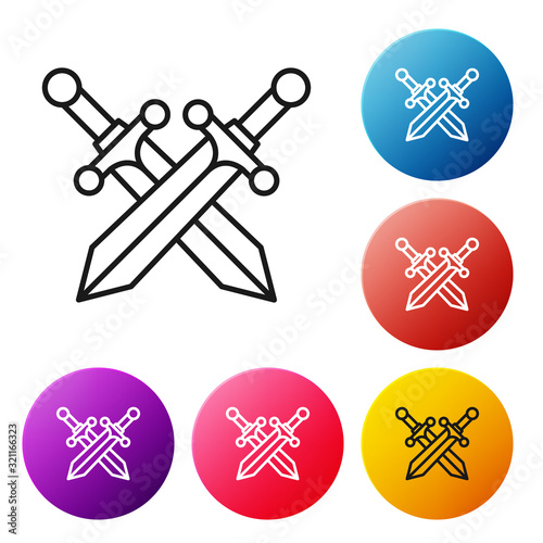 Black line Crossed medieval sword icon isolated on white background. Set icons colorful circle buttons. Vector Illustration