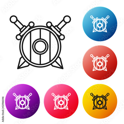 Black line Medieval wooden shield with crossed swords icon isolated on white background. Set icons colorful circle buttons. Vector Illustration