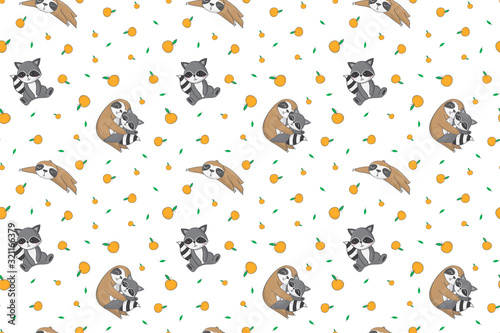 Seamless pattern with raccoon and sloth and orange in the white backdrop. creative pattern texture for fabric, wrapping, textile, wallpaper, apparel.