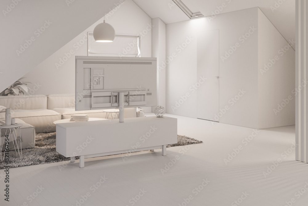 Fototapeta premium 3d render interior design of the attic floor of a private cottage