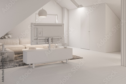 3d render interior design of the attic floor of a private cottage