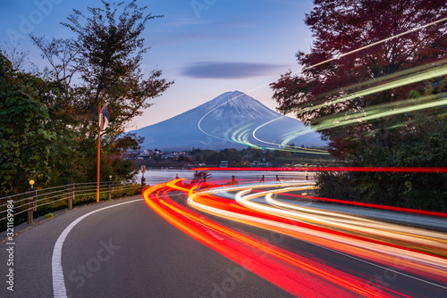 Traffic Light Trails to Fujisan at Kawaguchiko Lake,Japan.