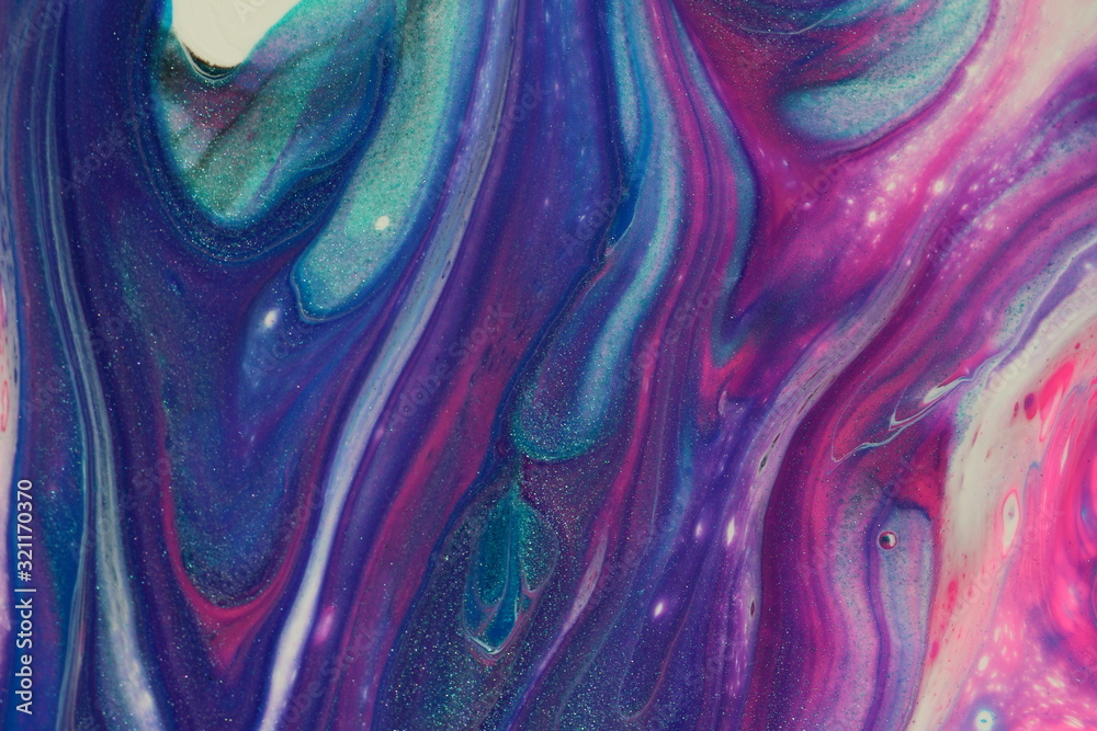 Obraz This colorful macro photograph of an abstract acrylic pour painting features swirls of classic blue, metallic teal, neon pink, dark purple, black, and white for backgrounds.