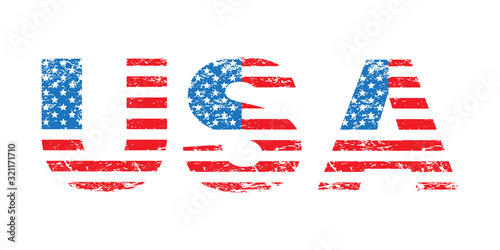 USA flag grunge text, American flag in letters, isolated on white background, vector illustration.