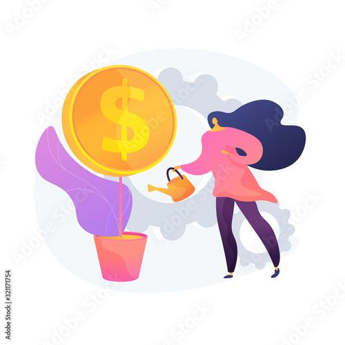 Profit growth, fundraiser. Businesswoman watering money tree. Income increase, growing income, economic literacy idea creative design element. Vector isolated concept metaphor illustration
