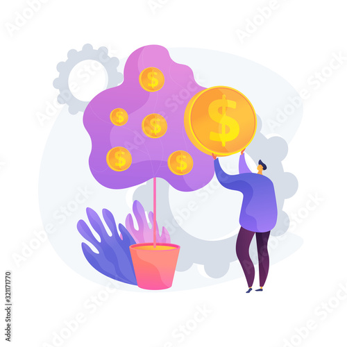 Deposit withdrawal. Bank client, taking loan. Money lending, return on investment, salary payment. Banker, depositor plucking coins from tree. Vector isolated concept metaphor illustration