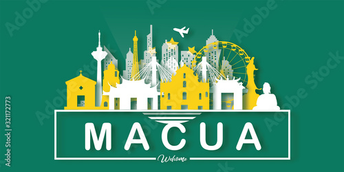Macau Travel postcard, poster, tour advertising of world famous landmarks in paper cut style. Vectors illustrations