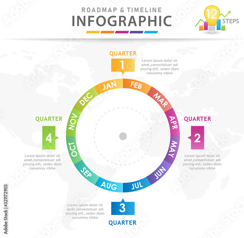 Infographic template for business. Modern Timeline diagram calendar with quarters, presentation vector infographic.