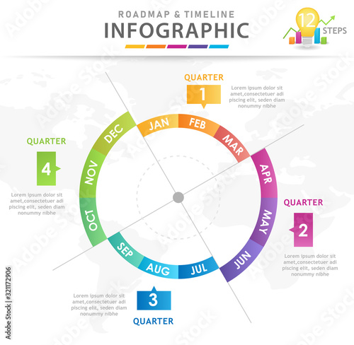 Infographic template for business. Modern Timeline diagram calendar with quarters, presentation vector infographic.