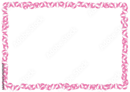 Rectangle frame with many lips. Beauty border in doodle style with pink kisses with place for text on white background. Card photoframe template. Cartoon vector illustration. Valentines day.