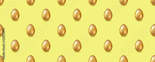 Seamless pattern with golden eggs. Shiny volume chicken eggs on yellow background. Seamless ornament for Easter holidays. Template for fabric, wrapper, banners. Vector 3d illustration.