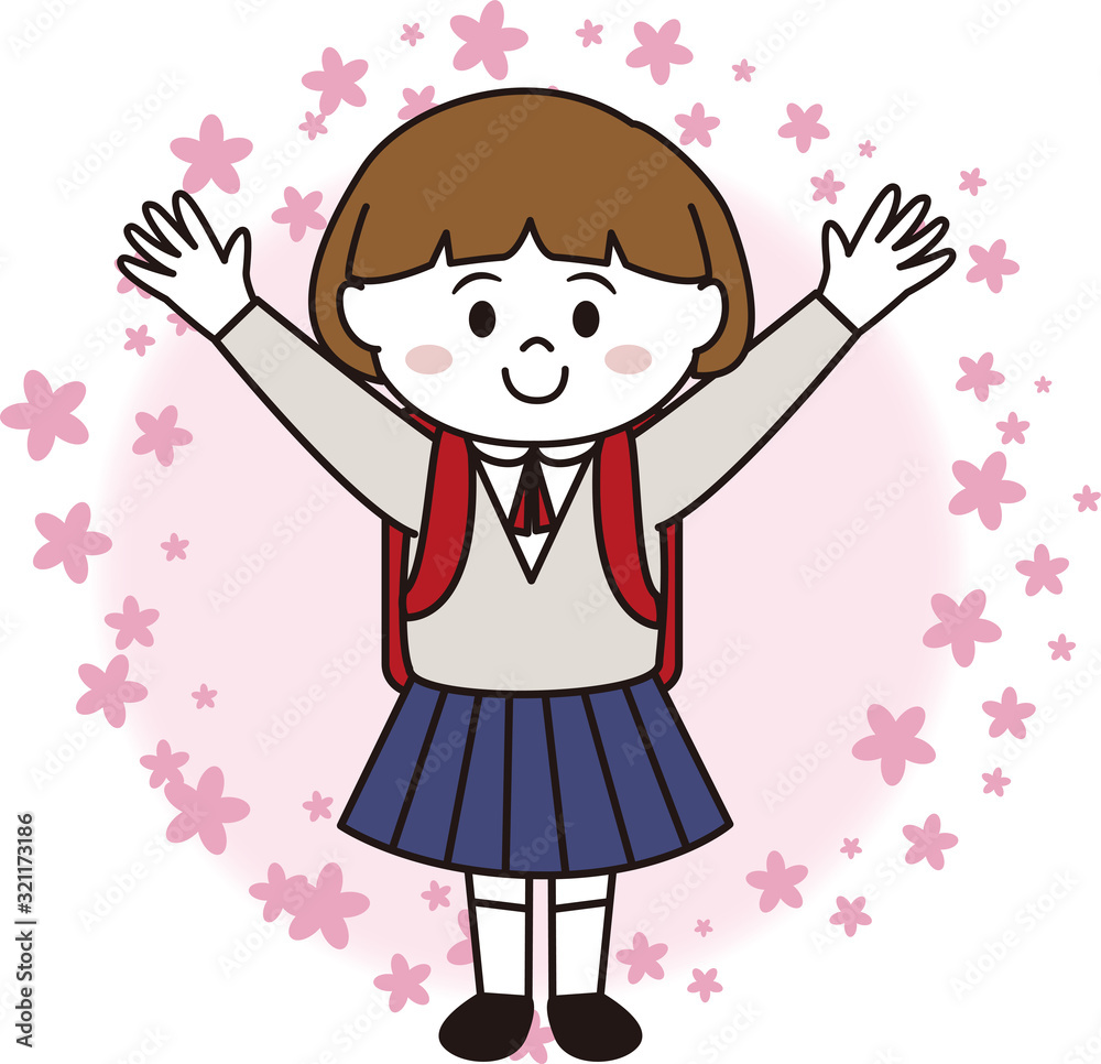 桜背景の小学生児童女子 桜背景の小学生児童女子