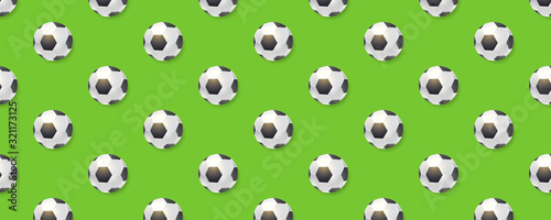 Seamless pattern from football balls. Balls for soccer isolated on long green background. Seamless decoration for sports promotion. Template for t-shirts, fabric, banners. Vector 3d illustration.