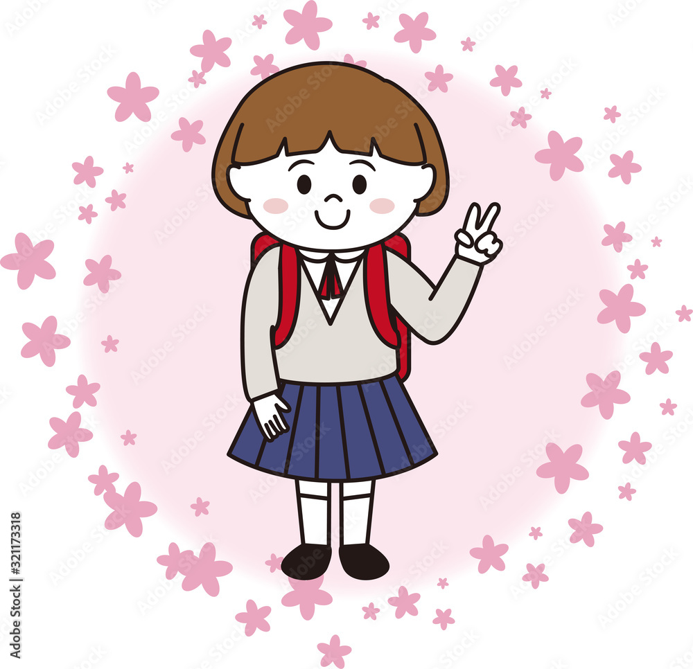 桜背景の小学生児童女子 桜背景の小学生児童女子