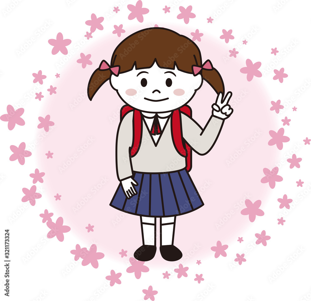 桜背景のvサインの小学生児童女子