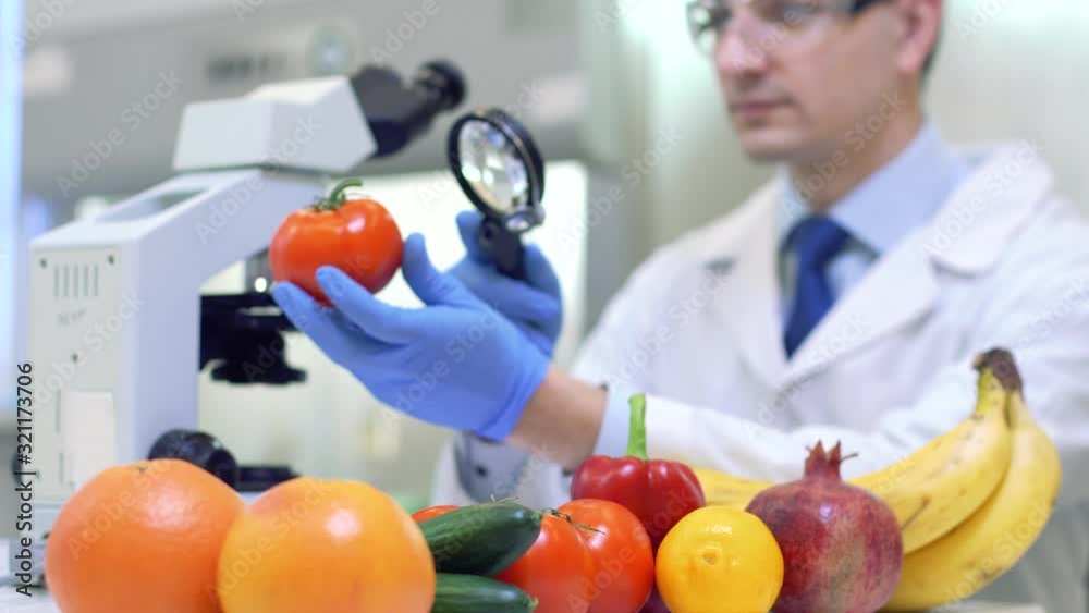 Laboratory workers examining fruits and vegetables and making analysis for pesticides and nitrates.