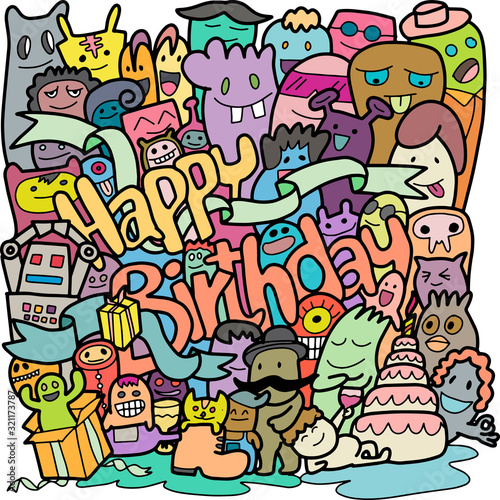 Happy Birthday Hand drawn lines,A cute and fun monster with many colors.