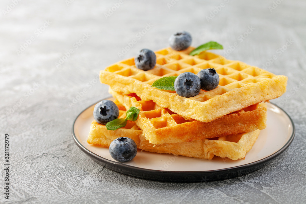 Homemade waffles with blueberries and mint on a bright background. Homemade waffles with blueberries and mint on a bright background.