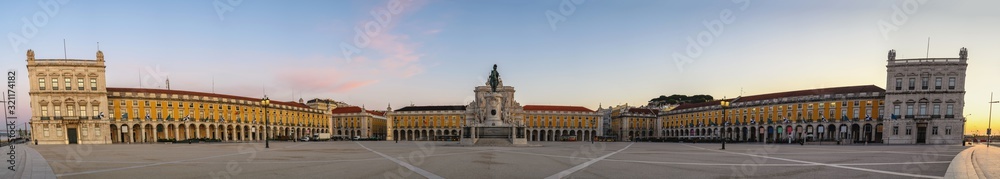 Lisbon Portugal sunrise panorama city skyline at Arco da Rua Augusta and Commerce Square