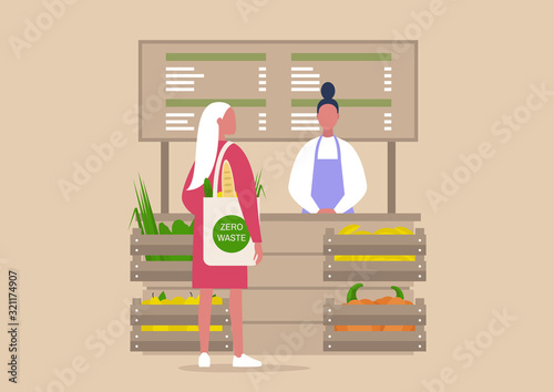 Farmer's market, young female character buying organic vegetables and fruits, millennial lifestyle, zero waste concept, reusable eco friendly shopper bag