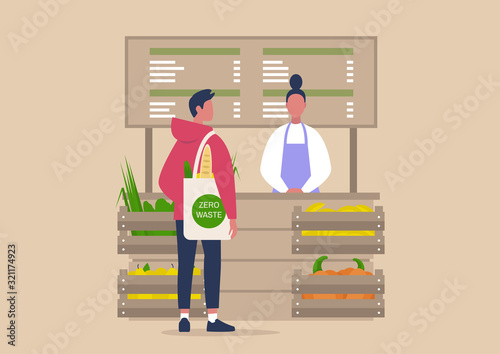 Farmer's market, young male character buying organic vegetables and fruits, millennial lifestyle, zero waste concept, reusable eco friendly shopper bag